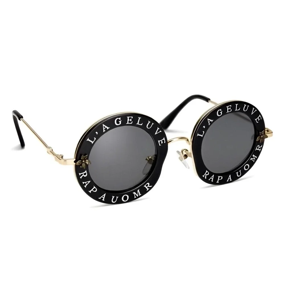 Luxury Round Oversized Sunglasses‎ Black Gold Designer Style Women Shades Trendy